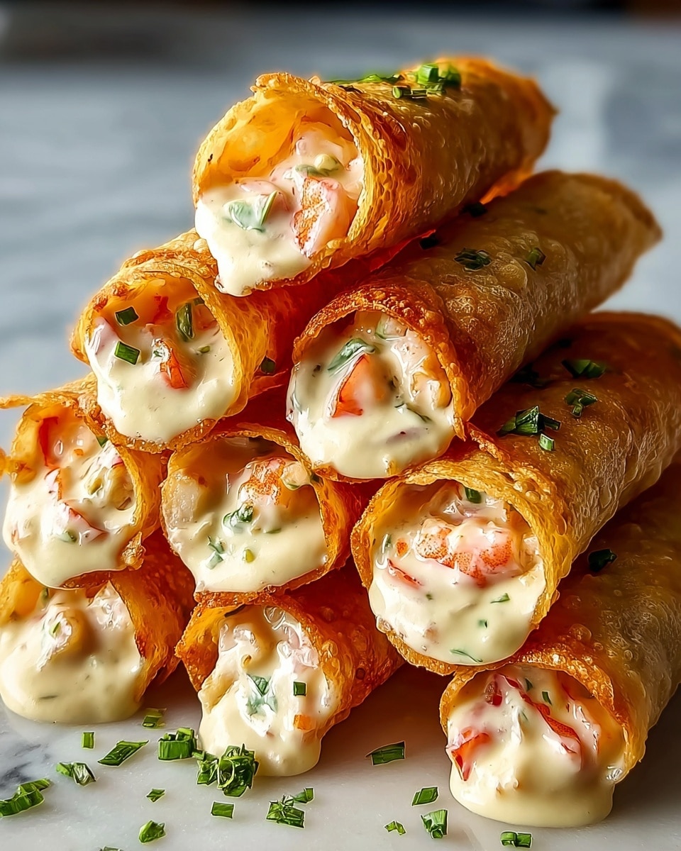 A stack of six golden-brown, crispy rolled shells filled with a creamy mixture that includes chunks of shrimp and small pieces of green herbs. The shells are arranged in two layers, three rolls on the bottom and three on top, slightly angled. The creamy filling is smooth and pale with visible shrimp pieces in soft pink and white colors spilling slightly out of each roll. Small green herb bits add color contrast on the filling and around the rolls on the white marbled surface. The lighting highlights the crispy texture of the shell and the glossy cream inside. Photo taken with an iphone --ar 4:5 --v 7