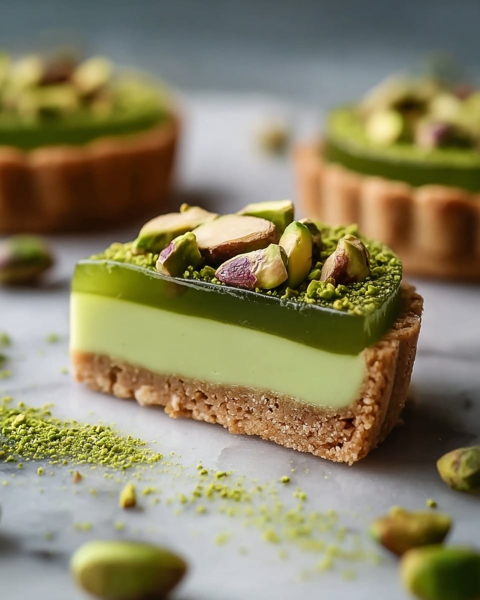 A close-up view of a small tart with three visible layers: the bottom crust is light brown and crumbly, the middle layer is smooth and pale green, and the top layer is a glossy, darker green pudding-like texture covered with crushed and whole pistachio nuts scattered unevenly. The tart sits on a dark surface with pistachio pieces around it, and in the background, there are blurred tarts visible. The bright green of the pistachio topping stands out against the lighter green middle layer and the beige crust. photo taken with an iphone --ar 4:5 --v 7