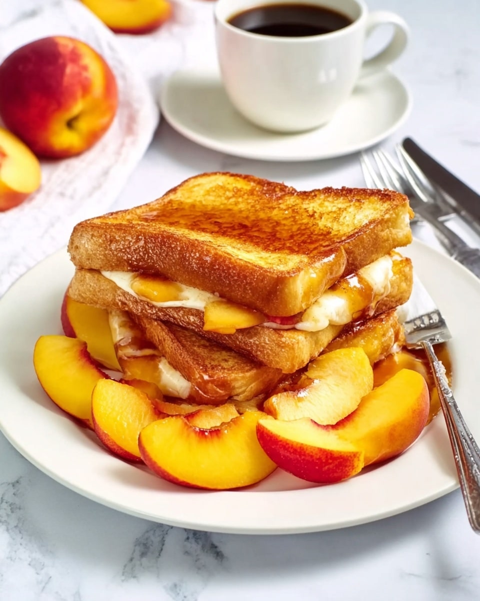 The image shows a grilled sandwich cut into two triangular halves stacked on a white plate with a brown rim, placed on a white marbled surface. The sandwich has three layers of toasted golden-brown bread with visible crispy edges. Between the bread layers, there are thick slices of pink ham and melted yellow cheese that is oozing out and dripping down the sides. On top of the sandwich, there are bright yellow peach slices with a syrup being poured over them, adding a glossy texture and shine. In the background, there is a basket with peaches. photo taken with an iphone --ar 4:5 --v 7