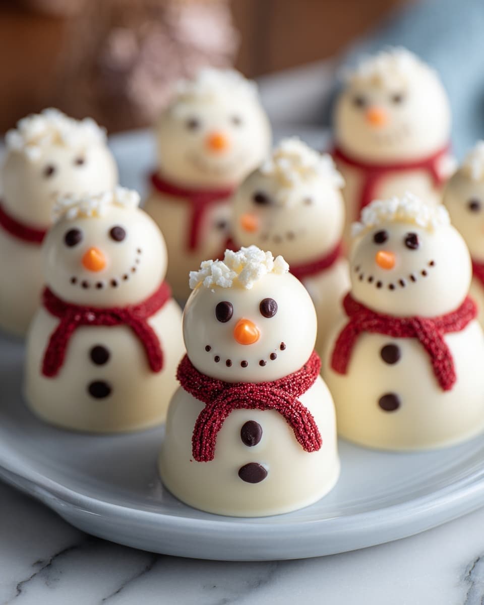 The image shows several small snowman-shaped treats arranged on a white plate. Each snowman has two white rounded layers, the top smaller and the bottom larger, both coated in smooth white chocolate. The snowmen have small black round eyes and a dotted smile made of dark chocolate, and a small orange triangular nose resembling a carrot. They wear red scarves wrapped around the neck area with fine texture details. The heads of the snowmen are topped with small white crunchy bits resembling snow or crushed candy. The plate is set on a white marbled surface and the photo is close-up with a soft blurred background. Photo taken with an iphone --ar 4:5 --v 7