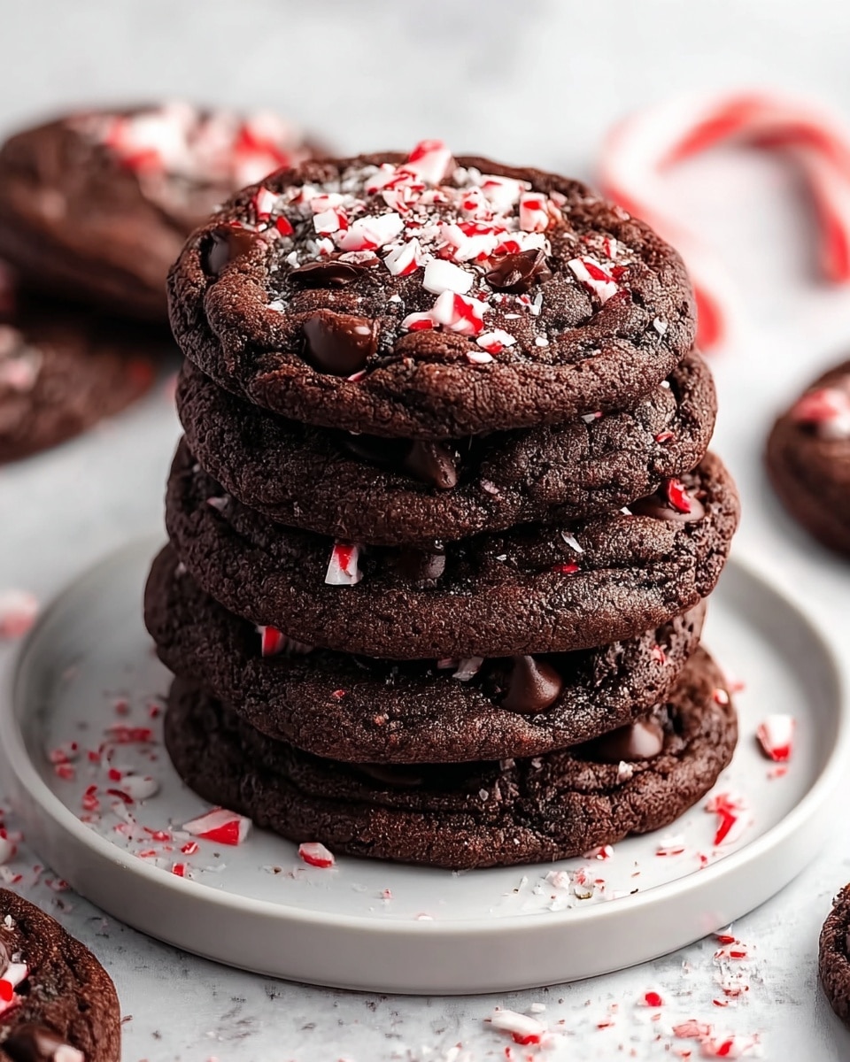A stack of seven dark chocolate cookies sits on a round white plate placed on a white marbled surface. Each cookie is thick with a slightly cracked texture, embedded with melty dark chocolate chips, and topped with broken pieces of red and white peppermint candy scattered across the surface. The cookies have a rich, dark brown color and are tightly stacked with the top cookie showing the most peppermint pieces, giving a festive contrast. Around the plate, a few extra peppermint candy pieces and some cookie crumbs rest on the white marbled surface. Photo taken with an iphone --ar 4:5 --v 7