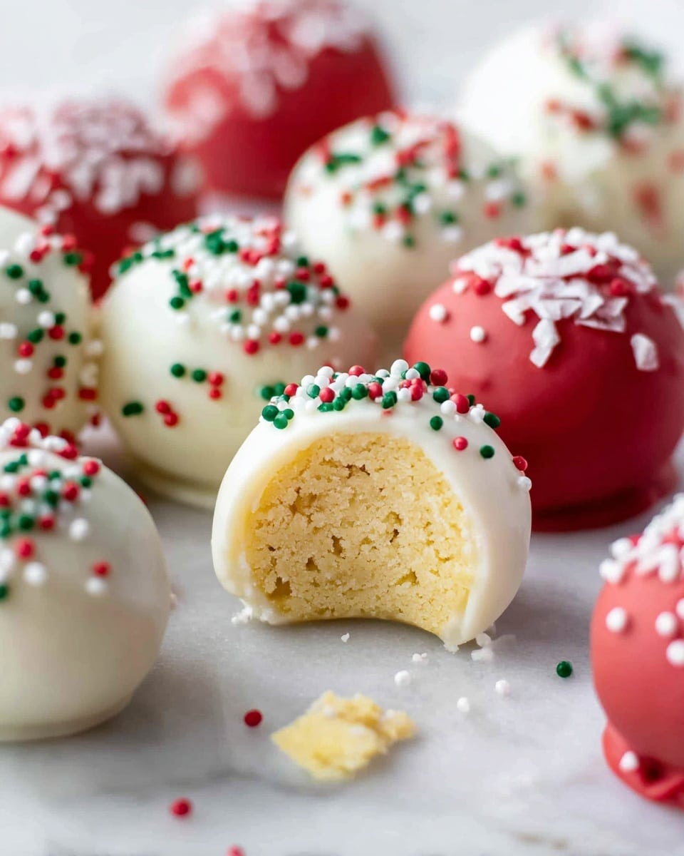 The image shows round cake balls with two layers: a dense, rough-textured yellow cake center and a smooth white outer coating. The white coating is decorated with small round sprinkles in red, green, and white scattered mostly on top. One cake ball is cut in half, revealing the inner yellow cake. Around these, there are also whole cake balls coated in smooth red with some white crumbs on one. The cake balls sit on a white marbled surface, creating a clean and bright setting. photo taken with an iphone --ar 4:5 --v 7