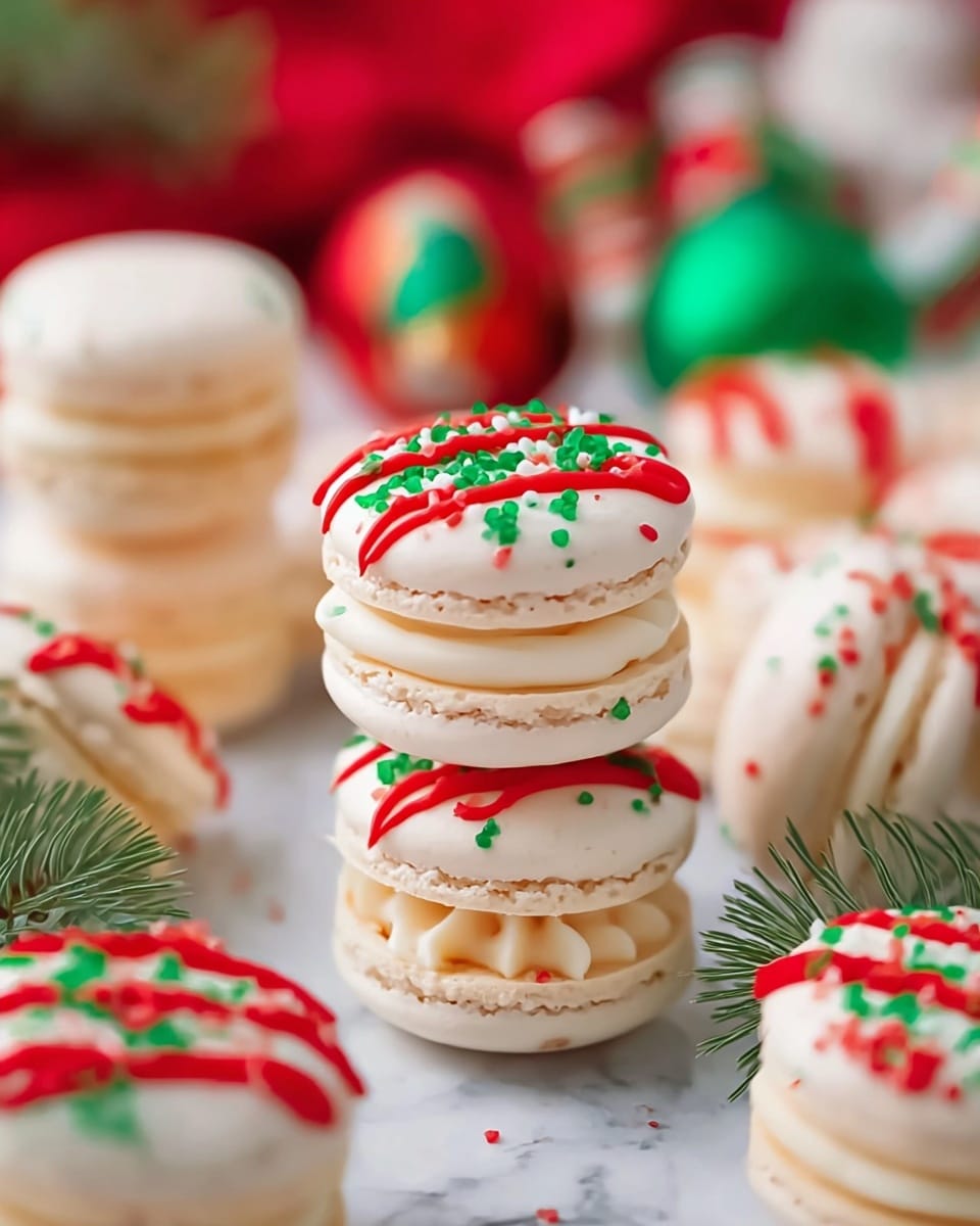 The image shows several white macarons stacked and scattered on a white marbled surface. Each macaron has two smooth, pale cream-colored shells with a creamy filling in between, making two visible layers. The tops are decorated with red wavy icing lines and sprinkled with small green sugar crystals, adding a festive touch. In the background, blurred holiday-themed elements appear in red, green, and white colors, with pine needles placed on the surface near the macarons. The overall look is bright and festive, perfect for a holiday treat photo taken with an iphone --ar 4:5 --v 7