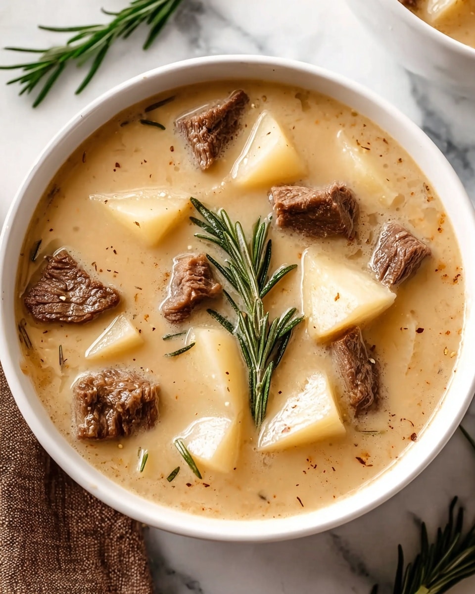 A white bowl filled with creamy beige soup, showing several chunks of soft white potatoes and tender brown beef pieces floating on top. There are a few green rosemary sprigs placed near the center, adding a fresh touch. The soup has a smooth texture with slight specks of seasoning. The bowl is placed on a white marbled surface with part of a brown cloth visible nearby. Photo taken with an iphone --ar 4:5 --v 7