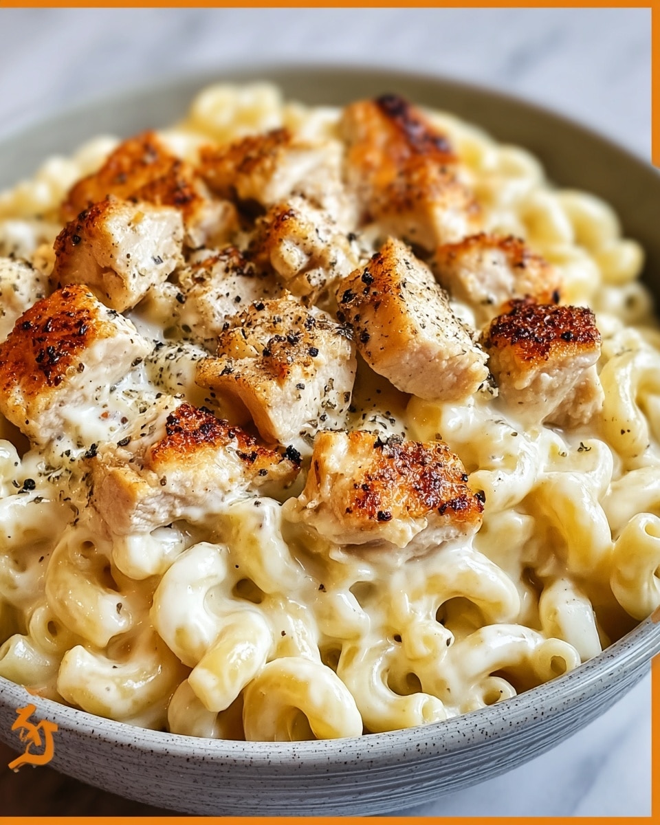 A close-up view of creamy macaroni pasta coated in rich white cheese sauce, topped with multiple small, golden-brown grilled chicken pieces sprinkled with black pepper flakes. The macaroni is tubular and glossy, filling the bottom layer, with the chicken pieces evenly spread on top, showcasing a mix of white and browned textures. The dish is served in a white bowl with a subtle texture, placed on a white marbled surface. photo taken with an iphone --ar 4:5 --v 7