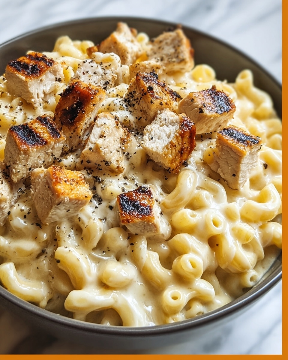 A close-up view of a bowl filled with creamy macaroni and cheese topped with golden-brown, grilled chicken pieces. The dish has one main layer of soft, smooth macaroni coated in a rich, thick, light yellow cheese sauce, with a second layer on top made of cubed chicken that is lightly charred with visible grill marks, sprinkled with black pepper. The bowl is white and rests on a white marbled surface. photo taken with an iphone --ar 4:5 --v 7