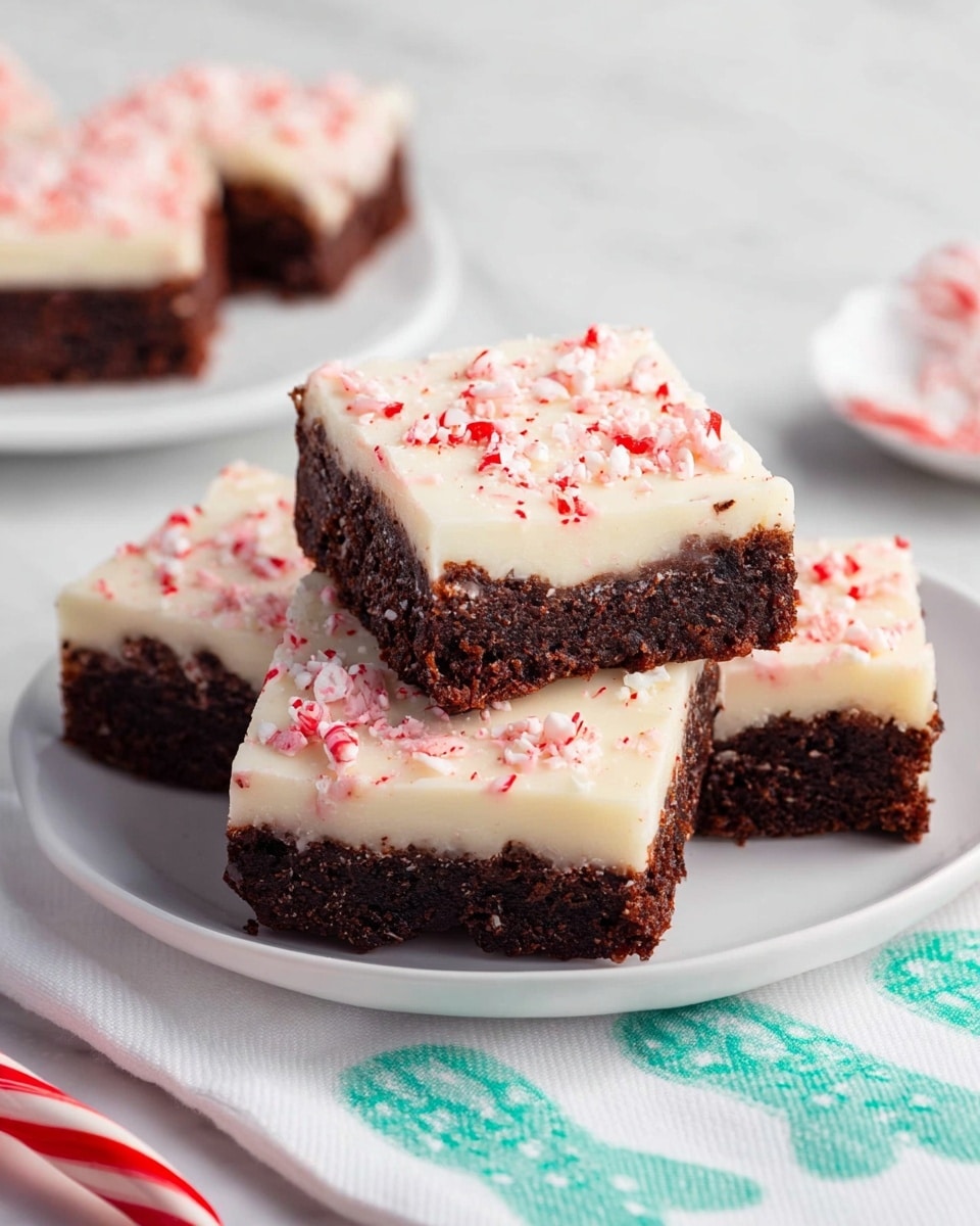 The image shows four square brownie pieces stacked on a white plate with an additional brownie piece on a white plate blurred in the background. Each brownie has two layers: a thick, dark brown, dense-looking bottom layer with a slightly crumbly texture, and a smooth, creamy white top layer sprinkled with small pink and red crushed peppermint bits. The brownies are neatly cut with clean edges, and the plate sits on a white marbled surface with a white cloth featuring light blue-green oven mitt designs lying next to it. A red and white peppermint candy is partially visible near the bottom left corner of the image. photo taken with an iphone --ar 4:5 --v 7