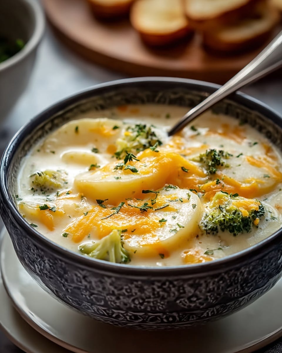 A close-up of a bowl filled with creamy, thick soup showing round slices of pale yellow potato floating in a white broth, topped with melted golden-orange cheddar cheese and small pieces of bright green broccoli florets scattered on the surface, with tiny green herb flecks sprinkled over the top. A silver spoon rests inside the bowl. The bowl is dark patterned but sits on a white plate, all placed on a white marbled texture. In the blurred background, there is a wooden plate with toasted bread pieces. Photo taken with an iphone --ar 4:5 --v 7