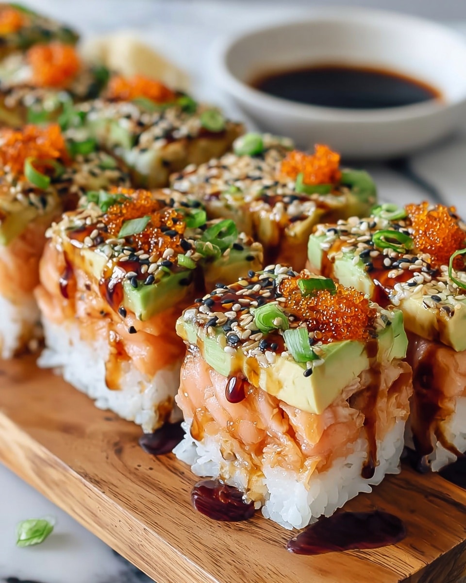 The image shows a close-up of sushi rolls arranged in two rows on a wooden board. Each sushi piece has three distinct layers: the bottom layer is white rice, the middle layer is a mix of green herbs and chopped seafood, and the top layer is seared salmon with a slightly crispy texture, sprinkled with black sesame seeds and finely chopped green onions. The sushi is drizzled with white mayonnaise sauce and a dark brown eel sauce. In the background, there is a dollop of light green wasabi. A white bowl of dark soy sauce is seen partially in soft focus. The scene is set on a white marbled surface. photo taken with an iphone --ar 4:5 --v 7