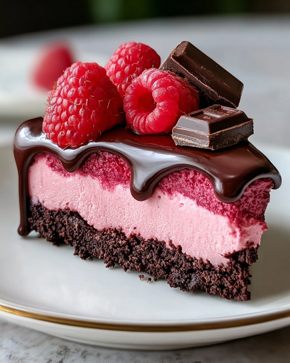 A slice of dessert with three visible layers on a white plate with a thin gold rim, placed on a white marbled texture surface. The bottom layer is dark brown and crumbly, like a chocolate cookie crust. The middle layer is thick, smooth, and bright pink, looking creamy and fluffy. The top layer is a shiny, dark chocolate sauce dripping down the sides of the pink layer. On top, there are several fresh, bright red raspberries and two pieces of dark chocolate placed among them. photo taken with an iphone --ar 4:5 --v 7