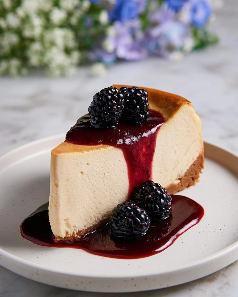 A single thick slice of light brown cheesecake with a smooth, slightly creamy texture and a darker golden-brown top layer is placed in the center of a white plate. Deep red berry sauce flows down from the top edge of the cheesecake, pooling on the plate around its base, and two plump blackberries sit on the sauce—one on top of the cake slice and the other next to it on the plate. The background has a soft white marbled texture with blurred green and blue flowers in the distance. Photo taken with an iphone --ar 4:5 --v 7
