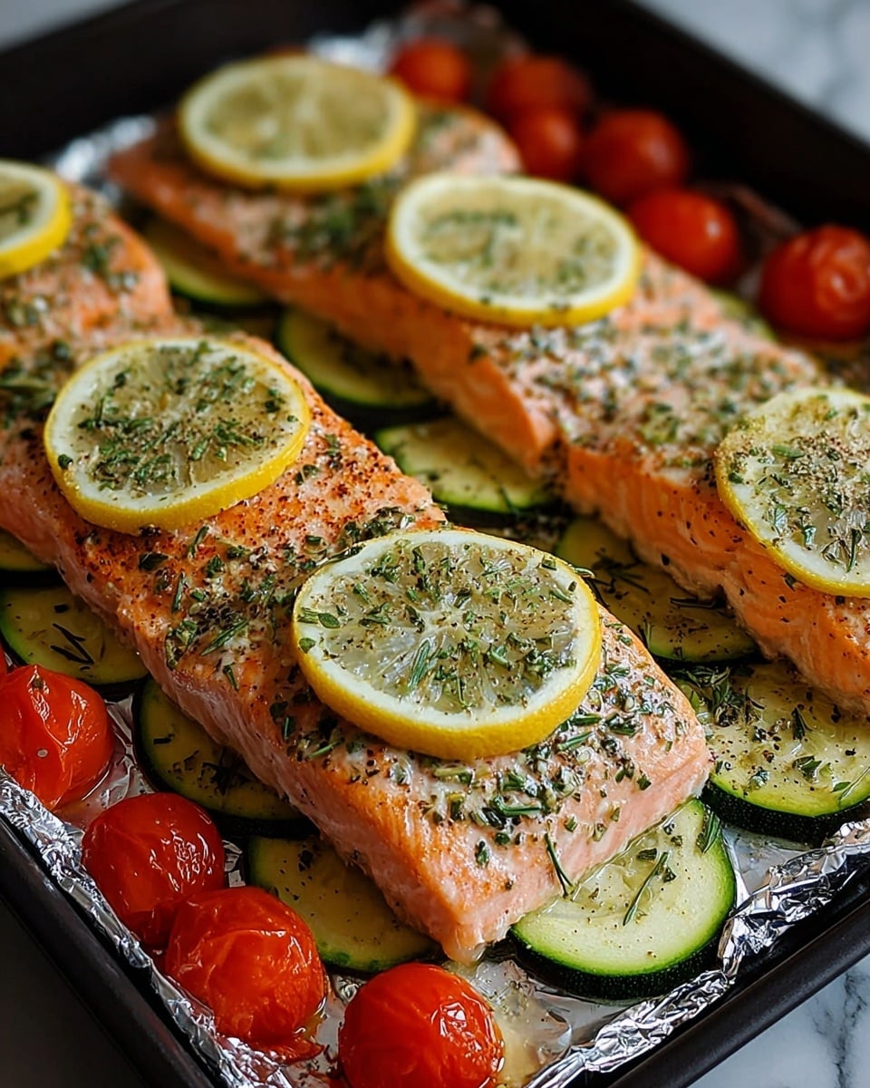 The image shows a close-up of baked salmon fillets arranged in a black baking tray lined with silver foil. Each piece of fish is topped with two thin, round layers of lemon slices and herb seasoning, with the salmon itself having a light pink-orange color and a slightly shiny texture from cooking. Underneath the salmon, there are thin slices of green zucchini forming the base layer. Whole bright red cherry tomatoes are scattered around the tray, adding pops of color. The scene is set on a white marbled surface. photo taken with an iphone --ar 4:5 --v 7