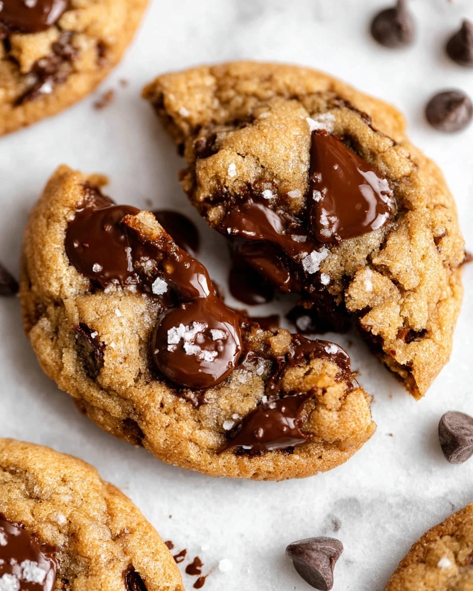 A close-up view of two soft, thick cookies stacked, showing one on top with a golden-brown, slightly bumpy texture and large, glossy dark chocolate chips scattered across the surface. Some chocolate chips appear slightly melted, and there are small flakes of coarse sea salt sprinkled over the cookie, enhancing its texture. Around the cookies, there are more chocolate chips scattered, all set on a white marbled textured background. photo taken with an iphone --ar 4:5 --v 7