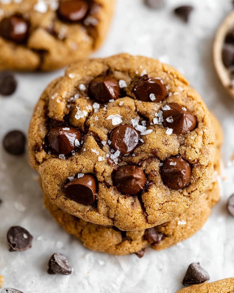 A close-up view of a warm chocolate chip cookie broken in two, laying flat on a white marbled surface. The cookie has one thick layer with a golden brown, slightly crispy texture on the outside and soft inside, with large, glossy melted chocolate chips scattered across the surface and oozing out between the broken pieces. There are small bits of flaky sea salt sprinkled on top, adding texture and contrast to the warm, gooey chocolate. Extra chocolate chips are scattered around the cookie on the white marbled background. photo taken with an iphone --ar 4:5 --v 7