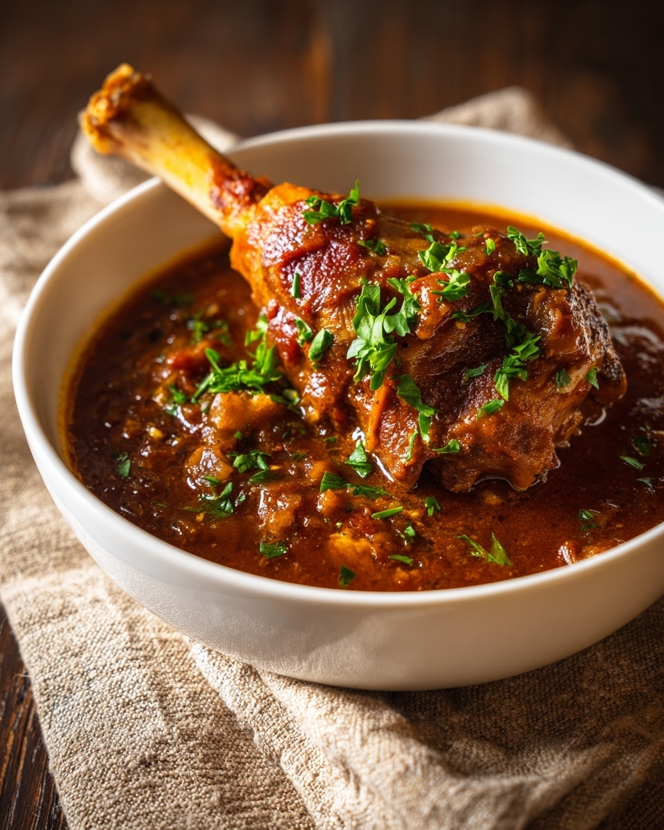 A white bowl contains a rich brown stew with a large cooked rabbit leg in the center, covered in thick sauce with visible small chunks and a glossy texture. The rabbit leg is light brown with hints of reddish tones and a visible bone extending to the right side. Fresh green chopped herbs are sprinkled on top, adding a pop of bright color. The bowl sits on a textured beige cloth over a dark wooden surface, enhanced by warm natural lighting. photo taken with an iphone --ar 4:5 --v 7