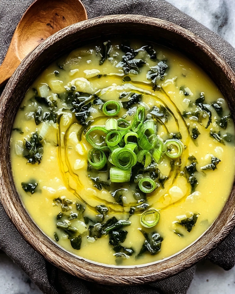 A bowl of thick yellow soup with small chunks of pale vegetables and dark green leafy pieces mixed in, topped with bright green sliced rings of scallions in the center, and drizzled with olive oil in a spiral pattern over the surface. The soup is served in a rustic brown bowl resting on a grey cloth with a wooden spoon nearby, all set on a white marbled texture. photo taken with an iphone --ar 4:5 --v 7