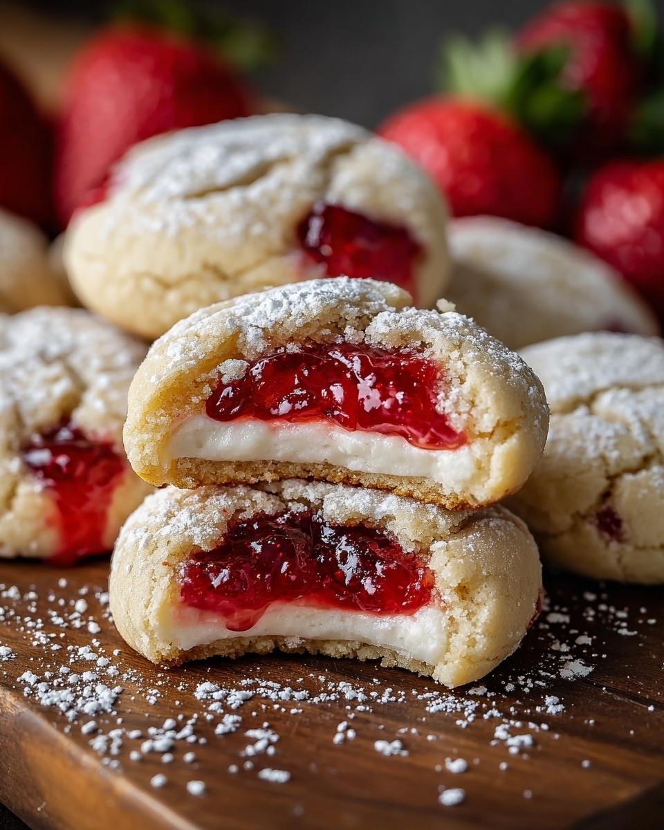 The image shows several soft cookies with a cracked light golden outer layer that is lightly dusted with powdered sugar. Each cookie has a visible red jelly center; one cookie is broken open, revealing three layers from top to bottom: a crumbly golden cookie crust, a thick glossy red jelly, and a creamy white filling beneath the jelly. The cookies rest on a smooth dark wooden surface with scattered powdered sugar around them. In the background, there are fresh strawberries slightly out of focus, adding a touch of bright red and green. Photo taken with an iphone --ar 4:5 --v 7