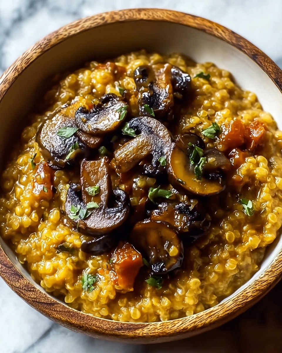 A close-up of a bowl of risotto showing two main layers: the bottom layer is creamy risotto rice with a warm yellow-orange color mixed with small pieces of orange vegetables, giving it a soft, slightly wet texture. The top layer features several slices of cooked mushrooms, dark brown with a shiny surface, and small green herb leaves scattered around for garnish. The dish is served in a round wooden bowl placed on a white marbled textured surface. photo taken with an iphone --ar 4:5 --v 7