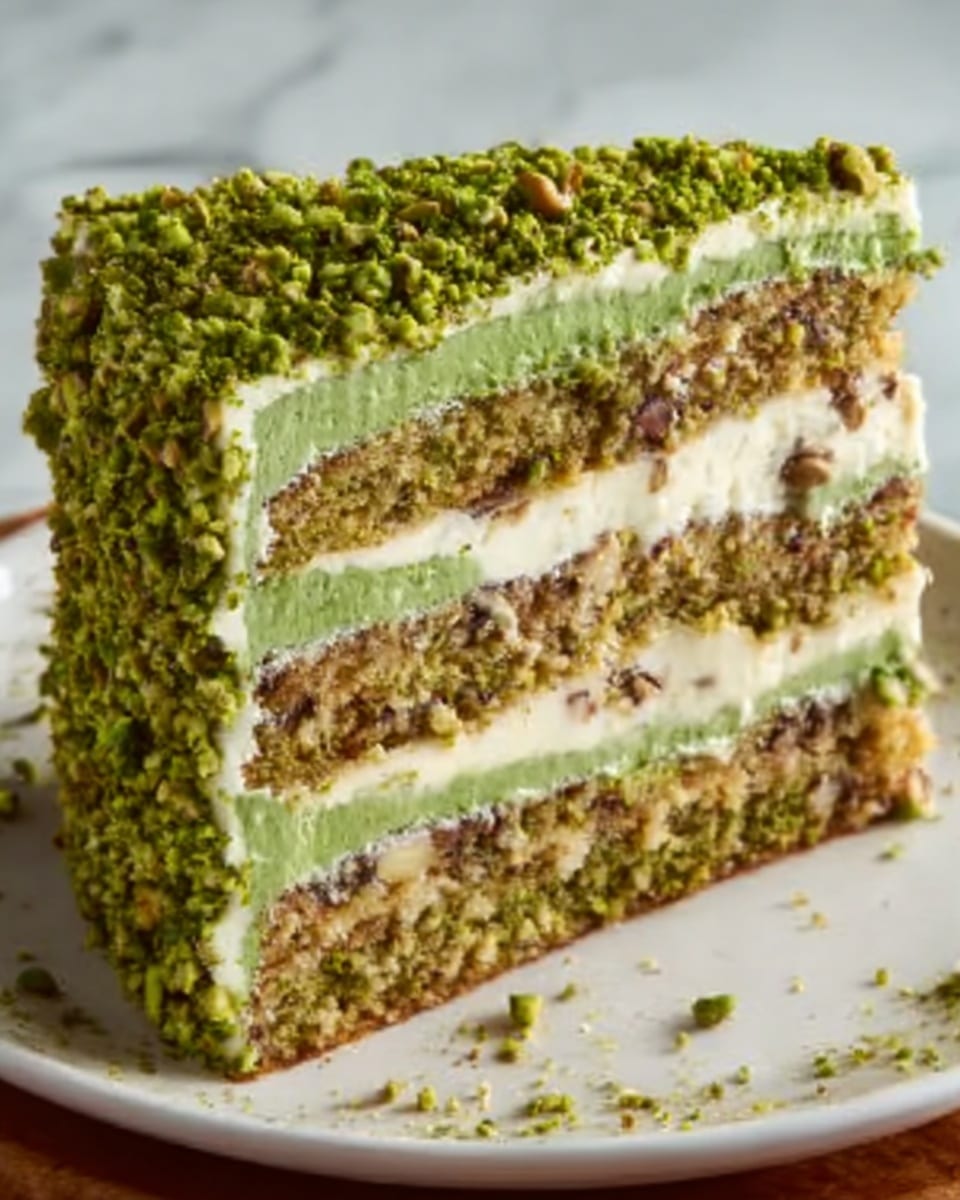 This image shows a tall, four-layer cake with creamy white frosting between each layer. The cake layers are light brown with pieces mixed inside, all covered with thick green frosting on the outside. The top of the cake is covered with green crushed nuts that add texture and color. The cake sits on a white plate, placed on a white marbled textured surface. Photo taken with an iphone --ar 4:5 --v 7