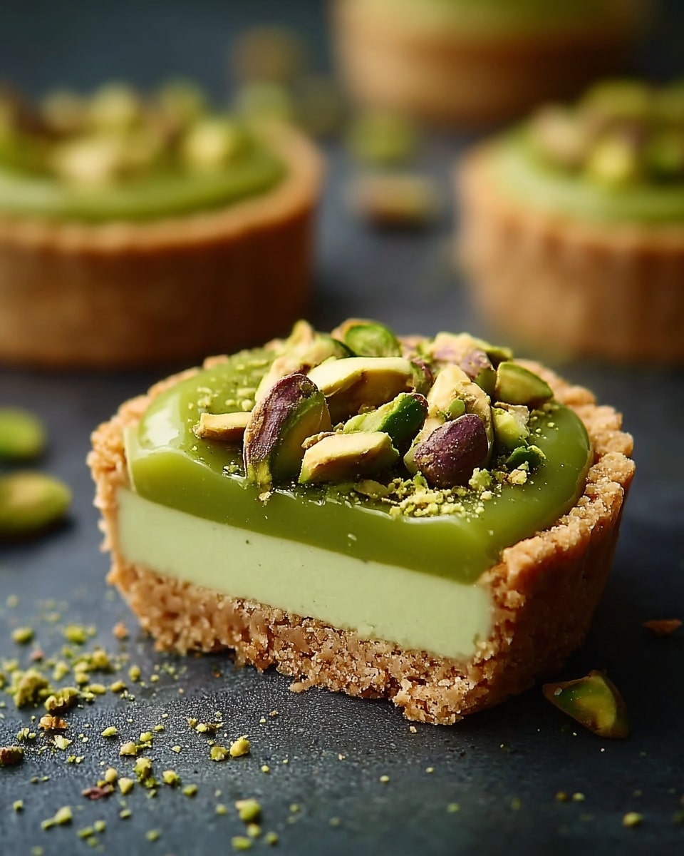 A close-up of a tart with three clear layers: the bottom layer is a light brown crumbly crust, the middle layer is smooth and light green, and the top layer is a shiny dark green gel-like spread. The tart is topped with whole and crushed pistachios, adding texture and a mix of green shades on top. The tart is placed on a white marbled surface, with some pistachios and green powder scattered around. In the background, two blurred tarts are visible. photo taken with an iphone --ar 4:5 --v 7