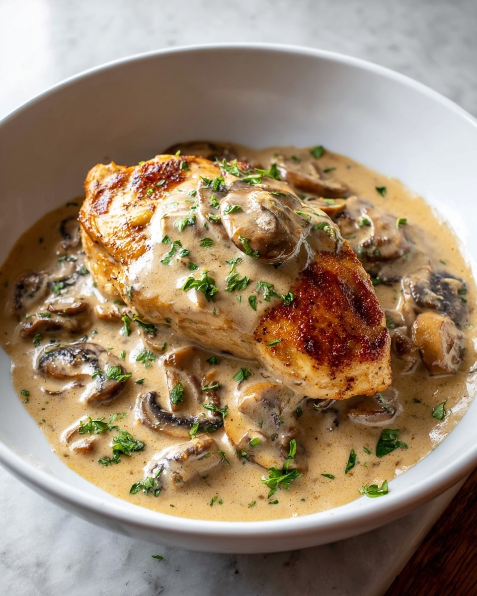 A white bowl holds a piece of golden-brown cooked chicken breast as the top layer, covered with a creamy beige mushroom sauce that has visible sliced mushrooms scattered around it. The sauce is thick and coats the chicken evenly, pooling at the bottom of the bowl. Small green herb pieces are sprinkled over the chicken and sauce, adding a fresh look. The bowl sits on a white marbled texture surface. photo taken with an iphone --ar 4:5 --v 7