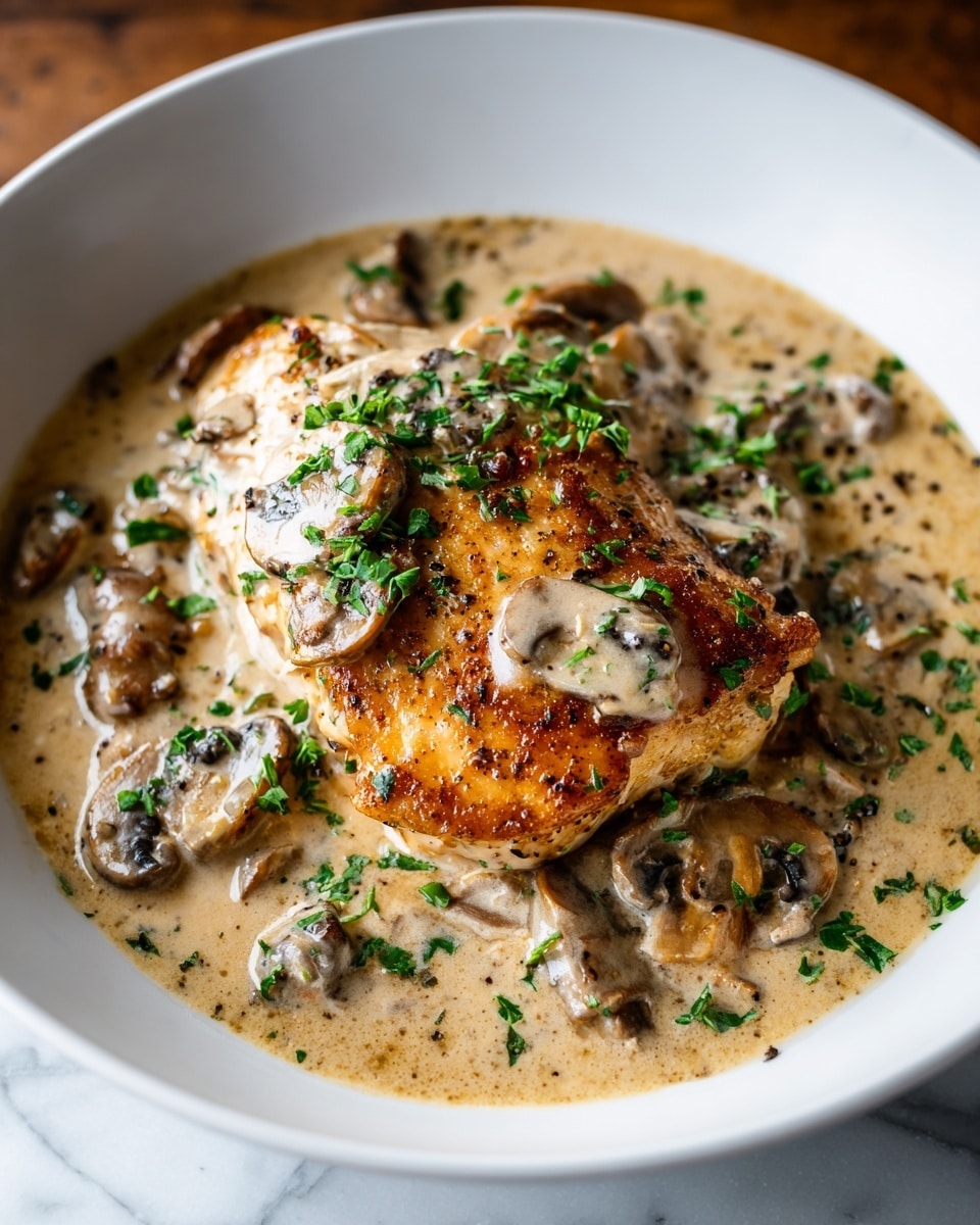 A white bowl holds a golden-brown cooked chicken breast in the center, smothered in a creamy light beige mushroom sauce with visible sliced mushrooms scattered around and underneath the chicken. The sauce has a smooth texture with specks of black pepper, and finely chopped green herbs are sprinkled generously on top of the chicken and sauce. The bowl sits on a white marbled surface, emphasizing the rich colors and textures of the dish. photo taken with an iphone --ar 4:5 --v 7
