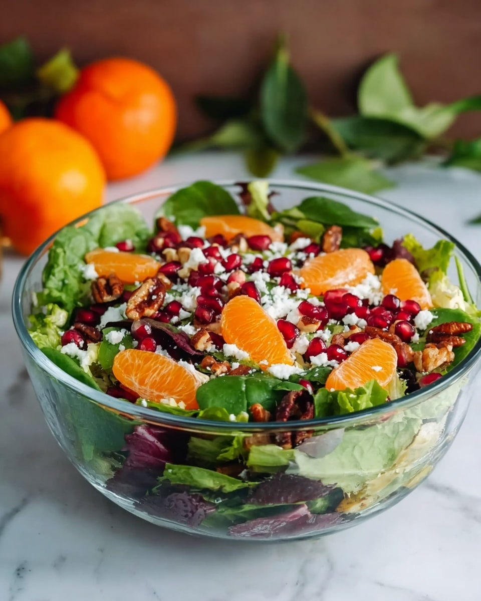 A clear glass bowl holds a fresh salad with three visible layers: the bottom layer is dark green and purple leafy greens with a soft texture, the middle layer has bright orange mandarin slices placed evenly around, and the top layer is scattered with small white cheese crumbles and deep red pomegranate seeds along with brown chopped nuts, all contrasting beautifully. Behind the bowl, there are two whole mandarins with green leaves, and all of this is set on a white marbled surface. photo taken with an iphone --ar 4:5 --v 7
