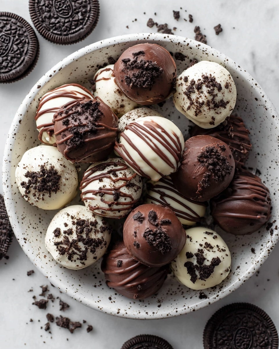 A speckled white plate is filled with a mix of round chocolate truffles covered in either smooth dark chocolate or white chocolate coatings. The dark chocolate truffles are topped with a drizzle of darker chocolate and sprinkled with fine dark crumbs, while the white chocolate truffles are decorated with a drizzle of dark chocolate and scattered with dark cookie crumbs. Around the plate, several whole dark chocolate sandwich cookies with cream filling are placed on a white marbled textured surface, adding contrast to the scene. photo taken with an iphone --ar 4:5 --v 7