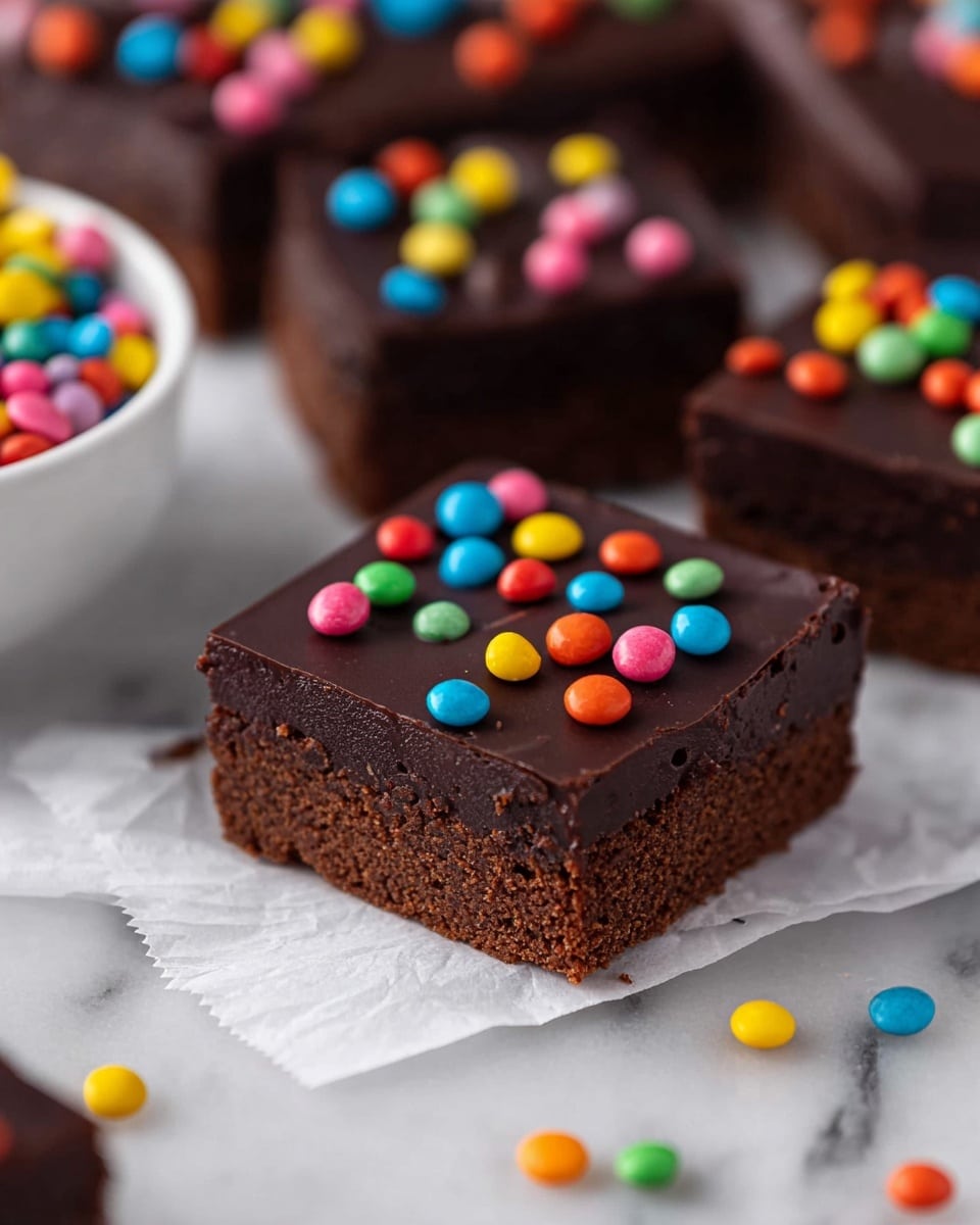 The image shows several rectangular chocolate brownies arranged on white parchment paper over a white marbled surface. Each brownie has two layers; the bottom layer is a dense, dark brown chocolate cake with a rough texture, and the top layer is a glossy, smooth dark chocolate ganache. The ganache is decorated with small, round, colorful candy sprinkles in bright colors like red, yellow, blue, green, orange, and pink, scattered unevenly on each piece. Some brownies are cut into two smaller rectangles, and some sprinkles have fallen onto the parchment paper. In the bottom right corner, there is a white bowl filled with the same colorful round sprinkles. Photo taken with an iphone --ar 4:5 --v 7