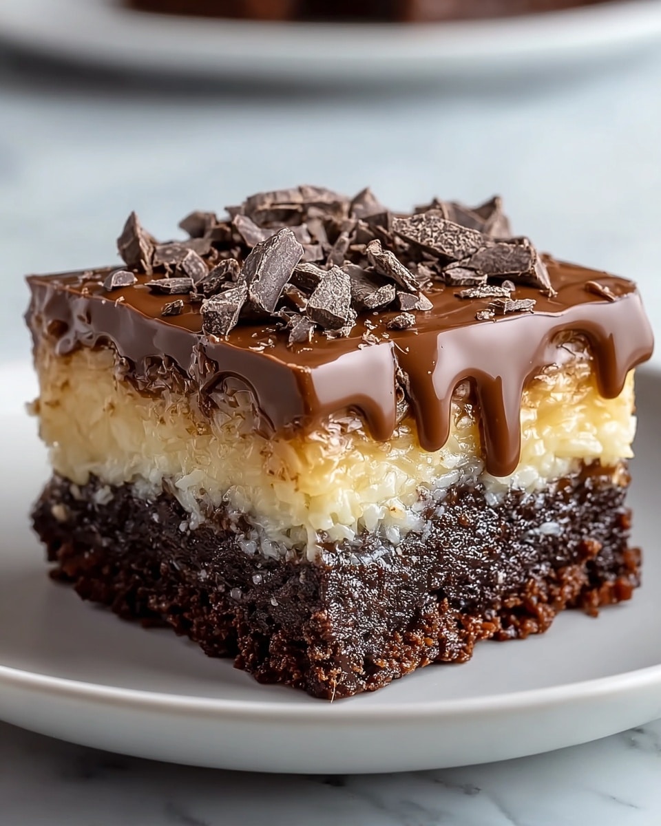 A close-up view of a three-layer dessert slice on a white plate with a dark rim, placed on a white marbled surface. The bottom layer is a thick, dark brown moist brownie base with a rough, crumbly texture. The middle layer is a thick caramel-colored gooey mix, slightly shiny and sticky, with a grainy texture. The top layer is a smooth, glossy milk chocolate coating that drips slightly down the caramel layer. On top of the chocolate layer, there are scattered chunks and small pieces of dark chocolate, adding a rich contrast with their matte finish. photo taken with an iphone --ar 4:5 --v 7