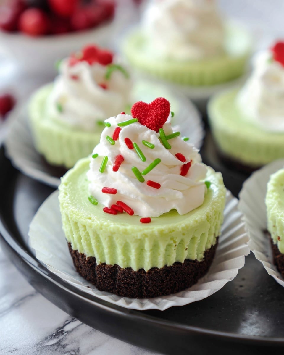 The image shows a close-up of a small, round, two-layer green dessert in a white paper cup. The bottom layer is dark brown with a crumbly texture, and the thick top layer is smooth and light green. On top of the green layer is a swirl of white whipped cream that is soft and fluffy. The whipped cream is decorated with small red heart-shaped sprinkles and thin green sprinkles. The dessert sits on a piece of white parchment paper on a black plate, with more similar desserts and red berries blurred in the white marbled background. Photo taken with an iphone --ar 4:5 --v 7