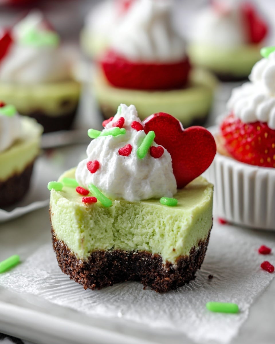 The image shows a mini cheesecake with two visible layers: the bottom layer is a dark brown crumbly crust, while the top layer is a smooth light green cheesecake. The top of the cheesecake has a dollop of white whipped cream decorated with small red heart-shaped sprinkles and green rod-shaped sprinkles scattered on and around it. A bite is taken out of the cheesecake, revealing its soft texture. In the background, there are similar cheesecakes in white liners topped with red strawberries and white cream. All are placed on a white marbled textured surface. photo taken with an iphone --ar 4:5 --v 7