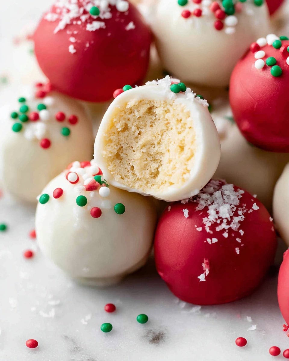 A close-up shows multiple smooth, round cake balls arranged on a white marbled surface. Each cake ball has two layers: the inner layer is a light beige, dense, and crumbly cake center, while the outer layer is a shiny, smooth white or red coating. The white-coated balls are decorated with small red, green, and white round sprinkles on top, with one ball split in half revealing the inside. The red-coated balls have a few small white crumbs on their surface. Scattered colorful sprinkles can be seen around the cake balls. photo taken with an iphone --ar 4:5 --v 7