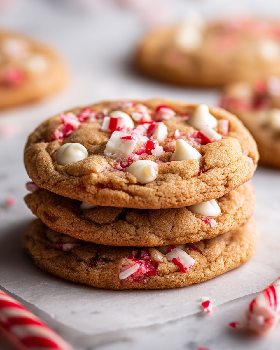 A close-up view of a stack of three light brown cookies with a cracked texture, each cookie embedded with white chocolate chips and small pieces of red and white candy cane. The candies add bright red streaks and stripes to the cookies. The bottom cookie is partly visible beneath the middle one, while more cookies blur softly in the background. The cookies rest on a piece of parchment paper against a white marbled surface, with a candy cane lying nearby slightly out of focus. Photo taken with an iphone --ar 4:5 --v 7