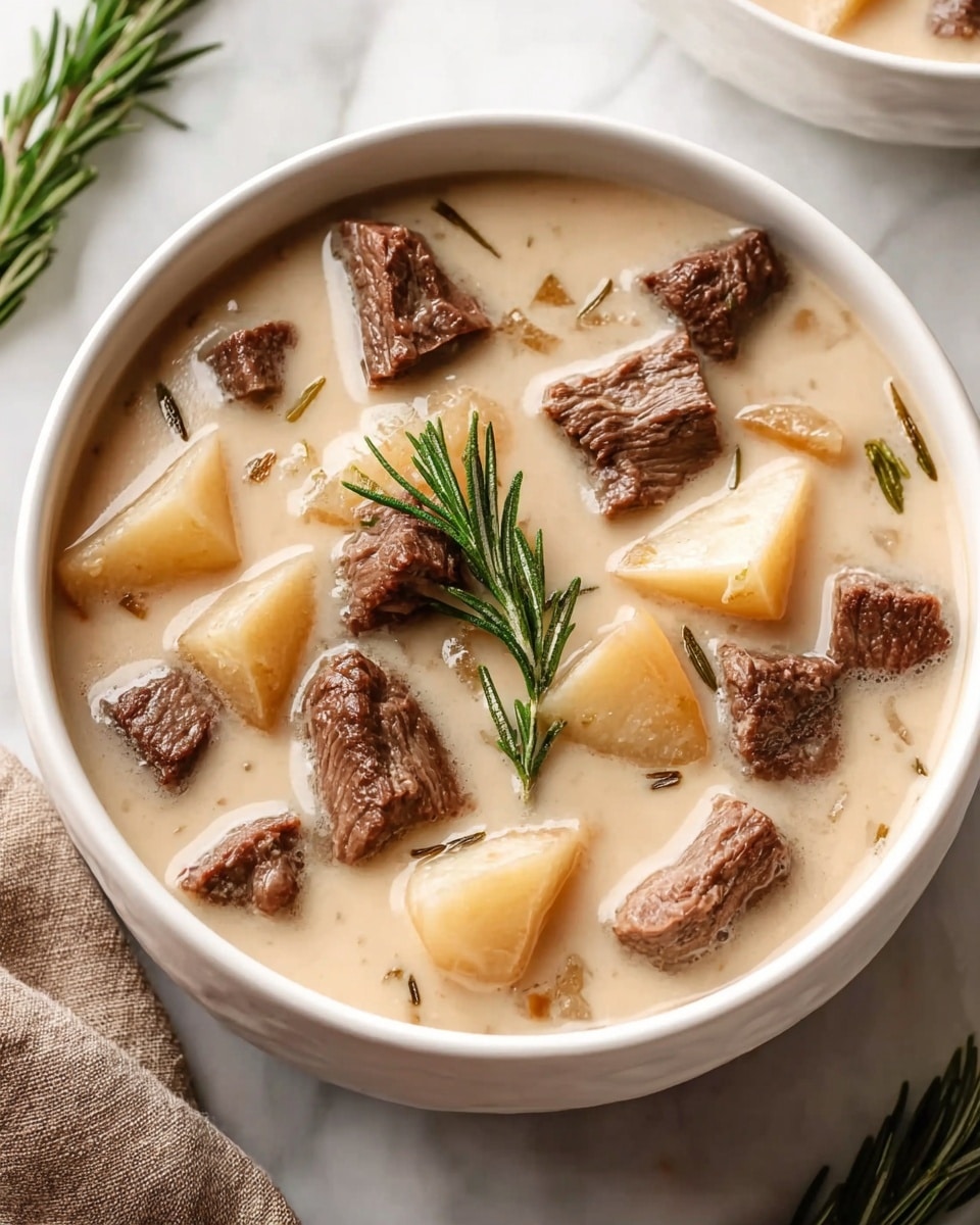 A white bowl filled with creamy beige soup as the base layer, containing visible chunks of tender, brown beef scattered throughout, along with soft, pale potato pieces. On top, a few sprigs of fresh green rosemary add contrast and texture. The bowl is sitting on a white marbled surface with a light brown cloth nearby. photo taken with an iphone --ar 4:5 --v 7