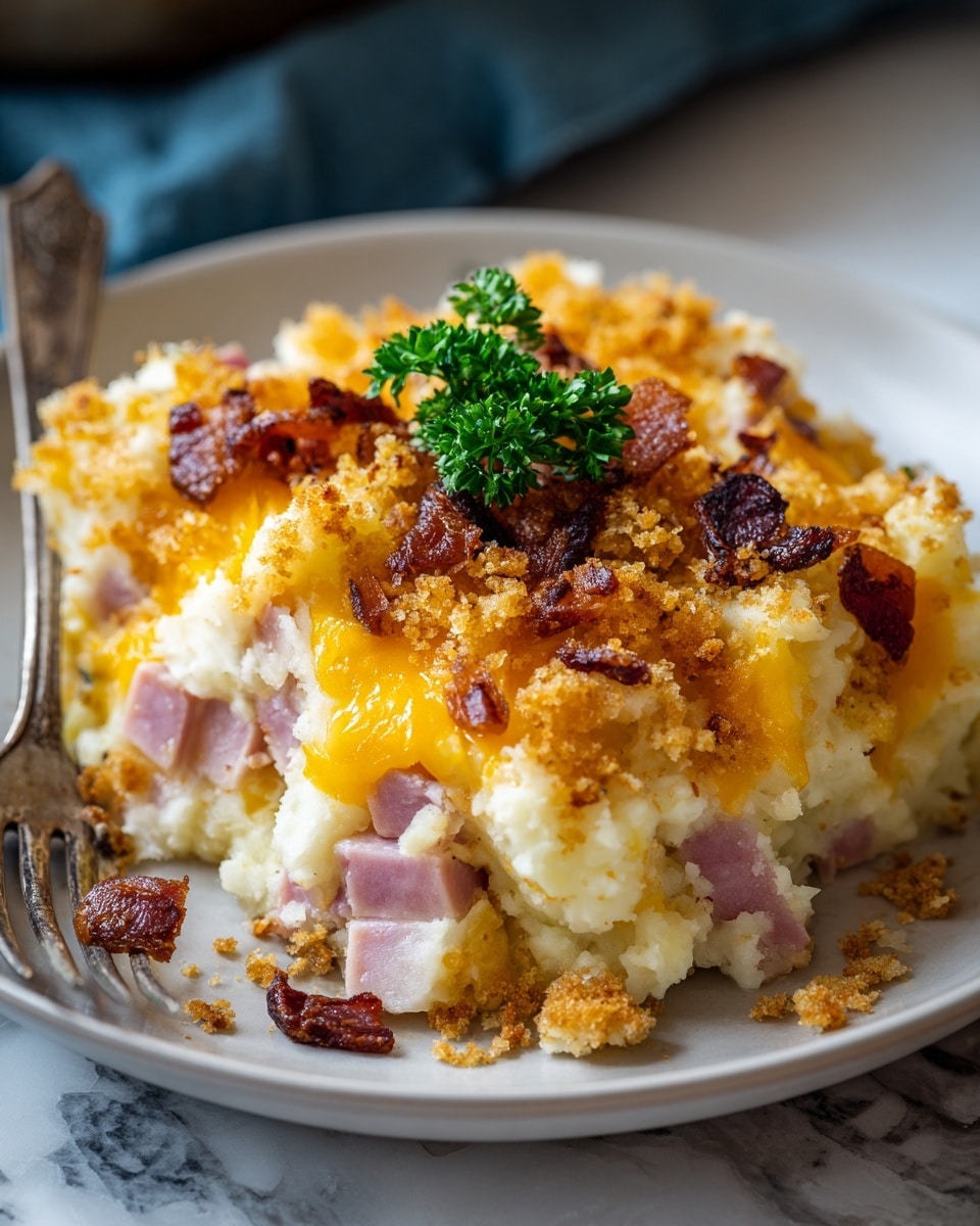A close-up of a creamy, layered casserole served on a white plate. The dish has chunky pieces of pale yellow potatoes mixed with small cubes of pink ham throughout. On top, there is a golden-brown layer of melted cheddar cheese and crispy breadcrumbs, sprinkled with small green parsley leaves. The edges of the cheese topping have a slightly darker, crispy texture. A silver fork rests on the right side of the plate, and the plate is set on a folded beige cloth, all placed on a white marbled surface. photo taken with an iphone --ar 4:5 --v 7