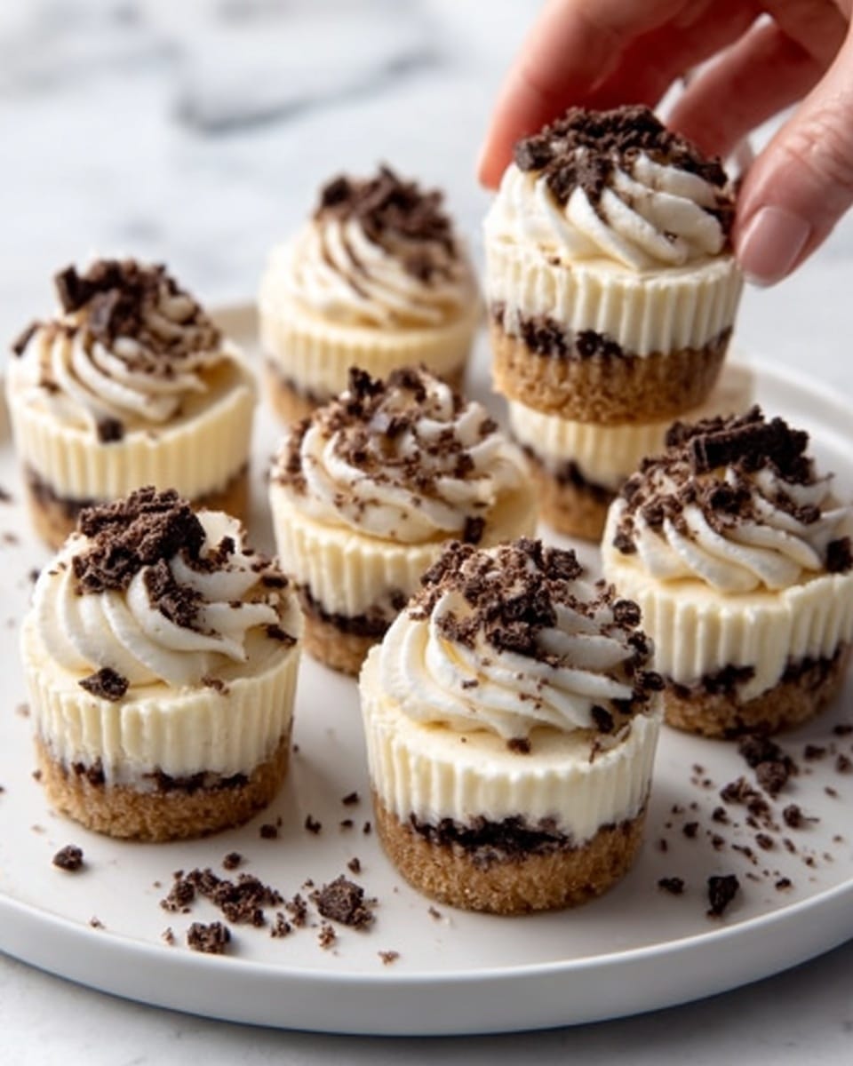 The image shows six small cheesecake cups arranged on a white plate, all with three clear layers: a light tan crumbly base, a creamy white middle layer, and a topping of whipped cream swirled high with brown chocolate crumbles scattered on top and around the plate. A woman's hand is gently holding one cheesecake at the top right, about to pick it up. The background has a white marbled texture, creating a clean and bright look. Photo taken with an iphone --ar 4:5 --v 7
