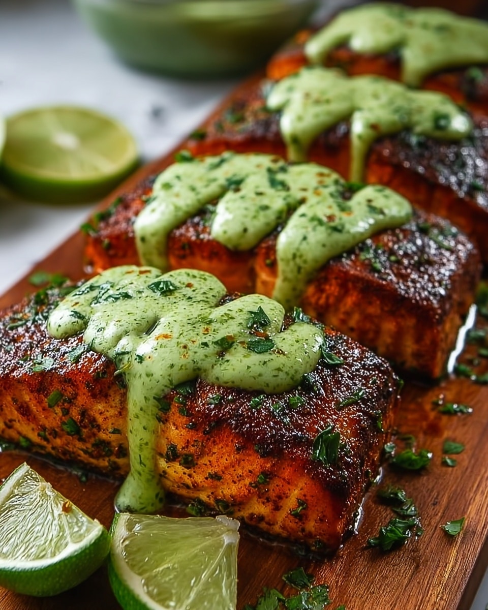 Two thick, grilled salmon fillets are placed side by side on a wooden board. Each fillet is cut into five pieces, showing a light pink inside and a crispy, dark orange-brown outside with char marks. A creamy green sauce is generously drizzled over each piece, with flecks of fresh green herbs scattered on top. In front of the fillets are two lime halves with a textured green skin and juicy, light green flesh. The background is a white marbled texture. photo taken with an iphone --ar 4:5 --v 7