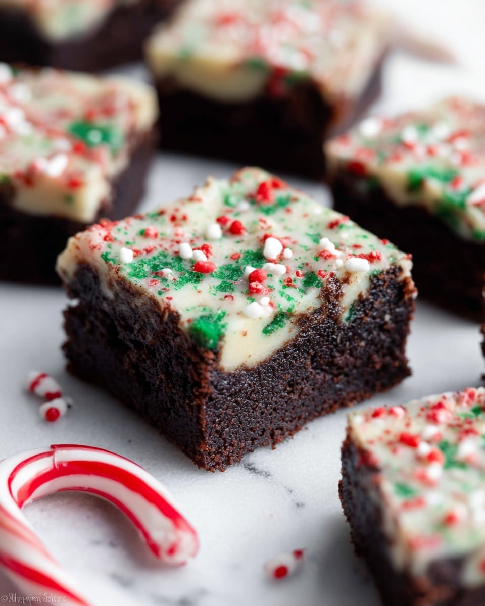 The image shows several square brownies stacked on a white plate, each with two layers: a thick, dark brown bottom layer with a rich, moist texture and a thinner top layer covered in white frosting speckled with red, green, and white sprinkles scattered evenly across the surface. The plate is set on a white marbled background with candy canes and round red-and-white peppermint candies scattered around for decoration. The brownies look soft and festive with a clear holiday theme. photo taken with an iphone --ar 4:5 --v 7
