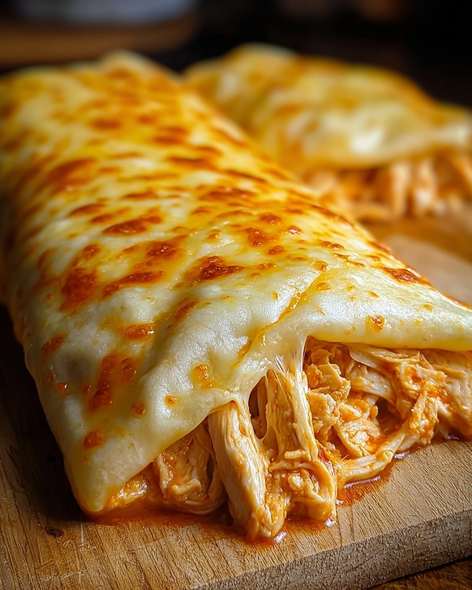 A close-up view of a folded crepe topped with melted, bubbly golden cheese covering the entire surface. The crepe is a pale, smooth dough layer wrapped tightly around shredded chicken mixed with a red sauce, visible from the crepe's open side and oozing slightly onto a wooden board underneath. The chicken inside looks moist and tender with strings of melted cheese stretching from the crepe edge. The warm tones of the cheese and chicken contrast with the soft light reflecting off the crepe dough. photo taken with an iphone --ar 4:5 --v 7