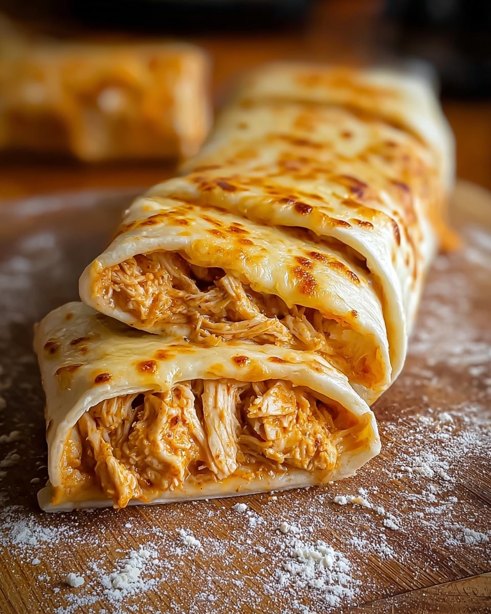 A close-up view of a rolled burrito cut into sections showing shredded chicken inside. The burrito has a soft, pale tortilla wrapped around a light orange shredded chicken filling. The top layer is melted cheese browned in spots, giving a golden and slightly crispy texture that covers each piece in a line. The burrito pieces are set on a wooden board dusted lightly with flour, and the background shows more of the wooden surface slightly out of focus. photo taken with an iphone --ar 4:5 --v 7