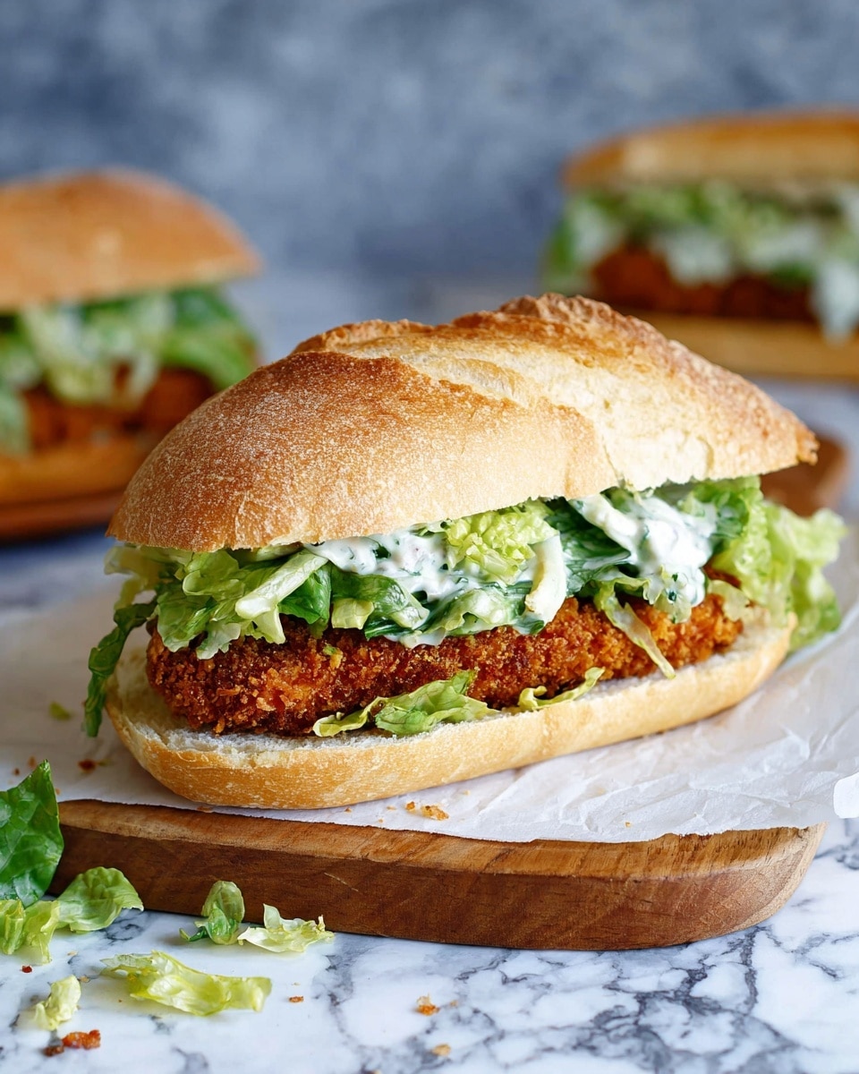 A sandwich with a crusty golden-brown baguette cut in half horizontally forms the base and top layers. Inside, there is one thick, crispy, dark brown breaded patty sitting on the bottom half of the bread. On top of the patty is a layer of green leafy lettuce mixed with a creamy white dressing, some pieces of the lettuce and dressing spill out from the sides. The sandwich is set on white parchment paper on a wooden board, with some lettuce leaves and crumbs scattered around. There is a second similar sandwich blurred in the background, and the overall scene is set against a white marbled texture. Photo taken with an iphone --ar 4:5 --v 7