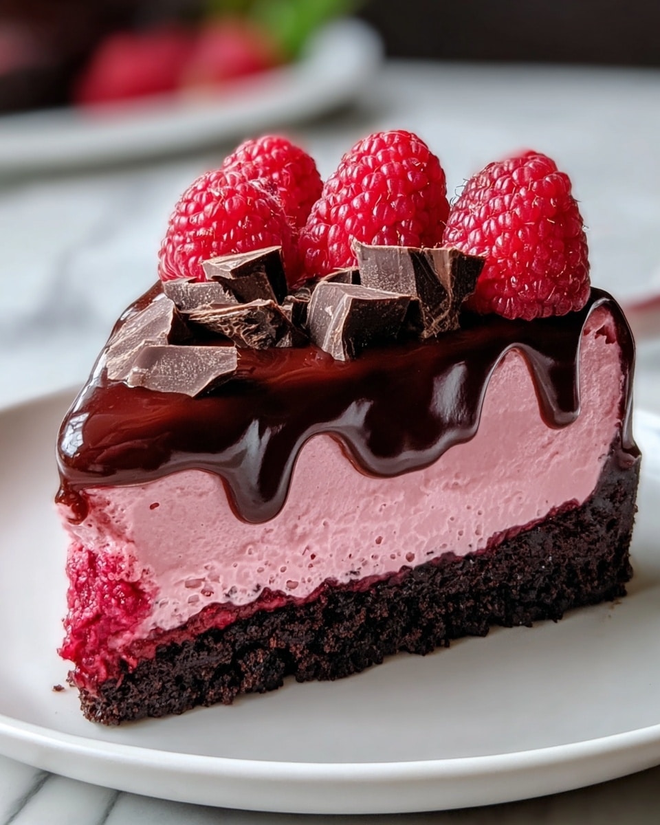 A slice of dessert with three main layers sits on a white plate over a white marbled surface. The bottom layer is thick and crumbly, dark brown in color, resembling a chocolate crust. Above it is a smooth, thick, pink creamy layer with a soft texture. The top layer is a shiny, dark brown chocolate glaze that drips slightly down the sides. On top of the glaze, several bright red raspberries are placed along with uneven, dark brown chocolate chunks. Photo taken with an iphone --ar 4:5 --v 7
