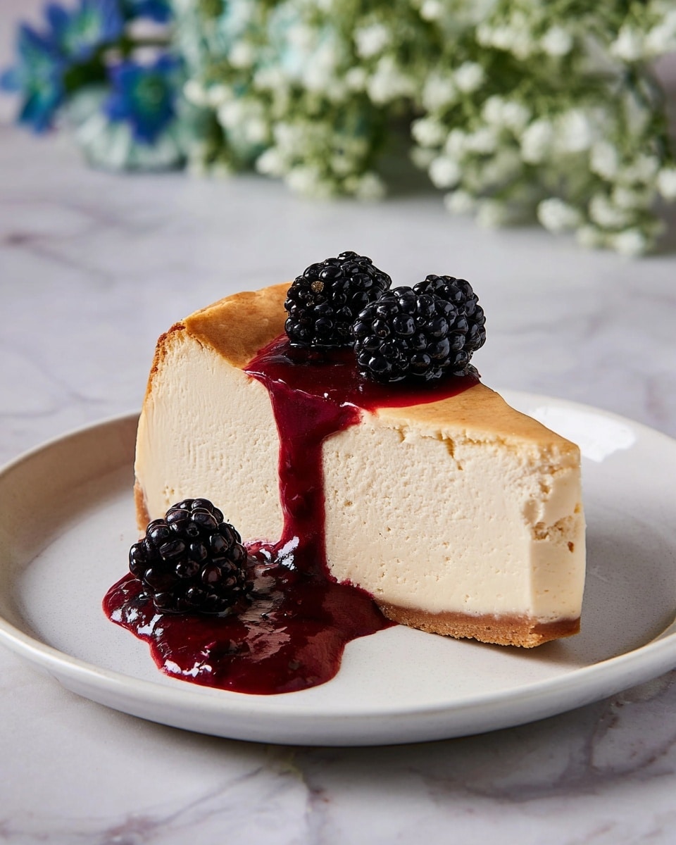 A single slice of smooth light beige cheesecake with a slightly browned top sits on a white plate, topped with thick dark red berry sauce that drips over the sides and pools on the plate, accompanied by two plump blackberries placed on the sauce, one on top and one at the side; the plate rests on a white marbled surface with soft blurred green and blue floral accents in the background. photo taken with an iphone --ar 4:5 --v 7