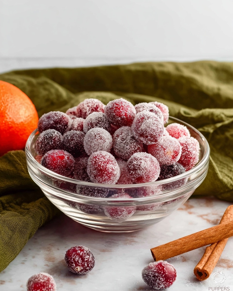 A clear glass bowl filled with a pile of bright red and deep purple cranberries, all covered in a layer of white sugar crystals that give a frosted, textured look. The cranberries vary in size and are closely packed, with the sugar sparkling evenly on each berry, making the surface appear icy and coarse. The bowl sits on a white marbled texture, and the lighting highlights the contrast between the shiny red fruit and the matte sugar coating, creating a fresh and festive appearance. photo taken with an iphone --ar 4:5 --v 7