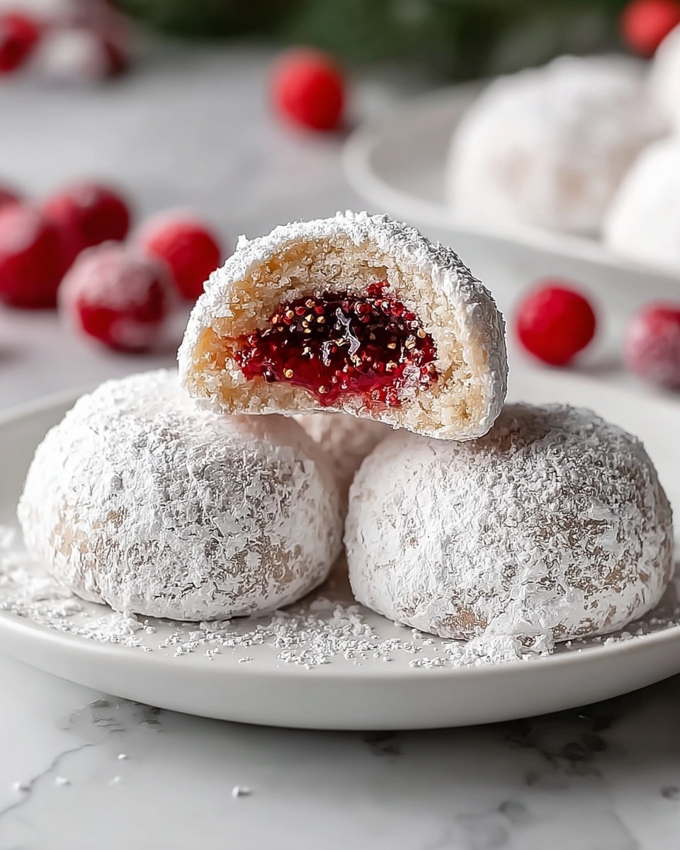 A close-up of three round powdered sugar-coated cookies on a white plate, each with a rough, snowy white outer layer covered in thick powdered sugar. One cookie is cut in half and placed resting on another, showing a vibrant, glossy red berry jam filling with seeds inside, surrounded by a pale, soft dough layer. The background includes more similar cookies and fresh red berries slightly out of focus, all set on a white marbled surface. photo taken with an iphone --ar 4:5 --v 7