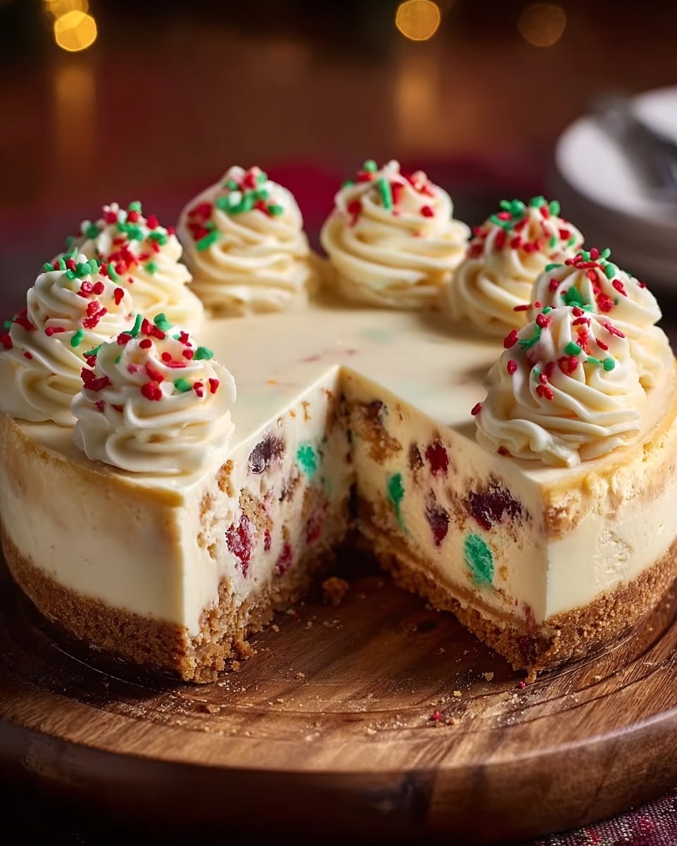 A round cheesecake with three visible layers sits on a wooden board against a blurred warm background. The bottom layer is a thick, crumbly, brown crust, the middle layer is a dense, creamy white cheesecake with colorful red, green, and purple sprinkles embedded within, and the top layer is a smooth, pale cream cheese frosting. Nine swirls of whipped cream topped with small red and green sprinkles circle the top edge of the cake. One slice is cut out, showing the inside layers clearly. Photo taken with an iphone --ar 4:5 --v 7
