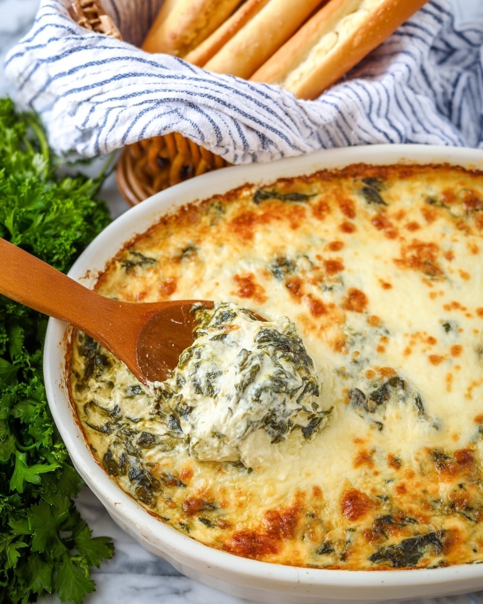 The image shows a white oval dish filled with a creamy baked spinach and cheese casserole. The top layer is golden brown melted cheese with some areas slightly browned, covering a mixed layer of wilted dark green spinach leaves and creamy white cheese underneath. A wooden spoon is scooping out a portion, showing creamy, cheesy texture with green spinach bits. The dish sits on a white marbled surface with a bunch of fresh green parsley on the side and a white basket lined with striped cloth holding long golden-brown breadsticks in the background. Photo taken with an iphone --ar 4:5 --v 7