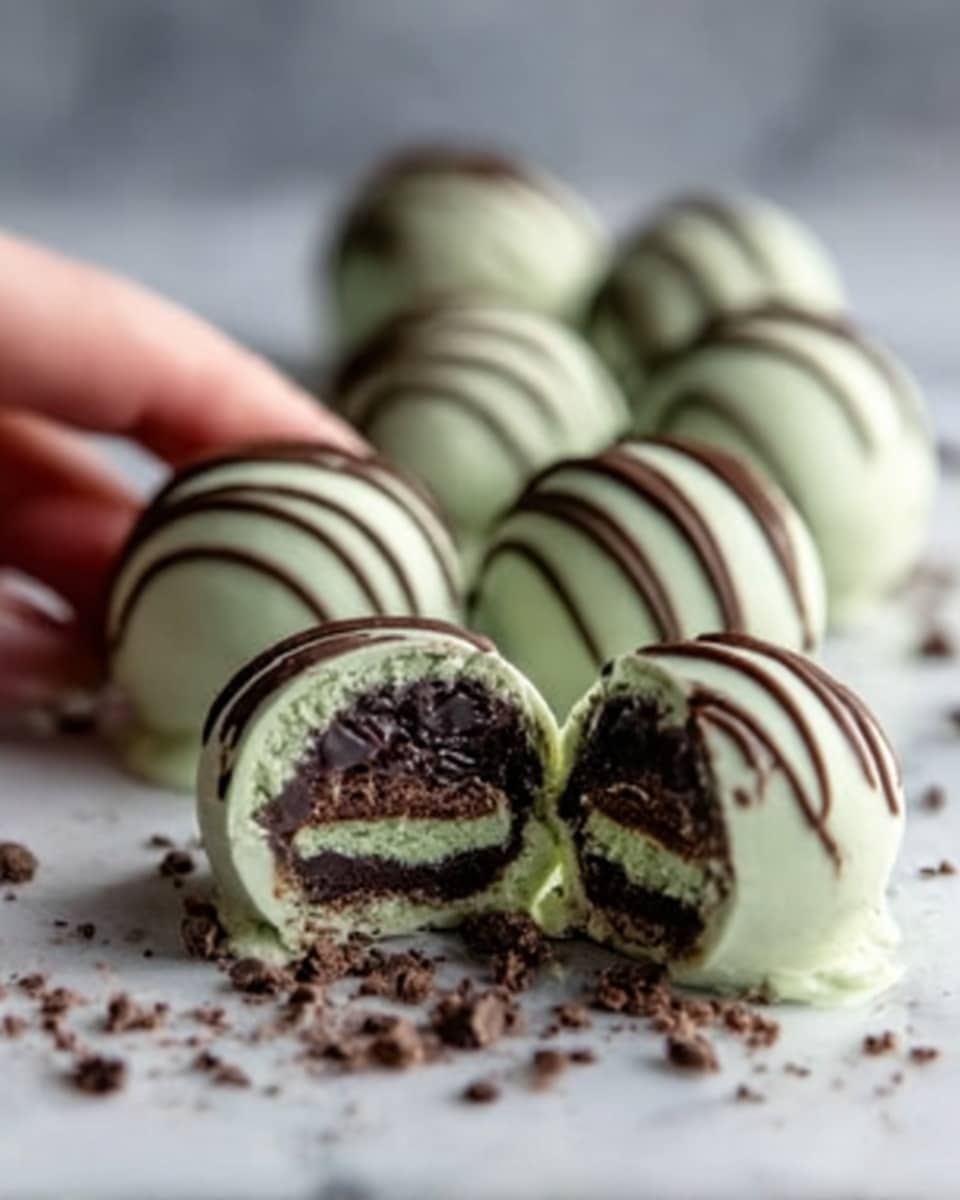 The image shows a close-up of several small round truffle balls arranged in a line on a white marbled surface. Each truffle is covered in a smooth light green coating with thin darker green drizzle on top. The front truffle is cut in half, revealing three inner layers: a glossy dark brown chocolate center, a slightly lighter brown middle layer, and a thin light green outer layer. Crushed chocolate crumbs are sprinkled around the truffles. A woman's hand is softly touching one at the back. Photo taken with an iphone --ar 4:5 --v 7