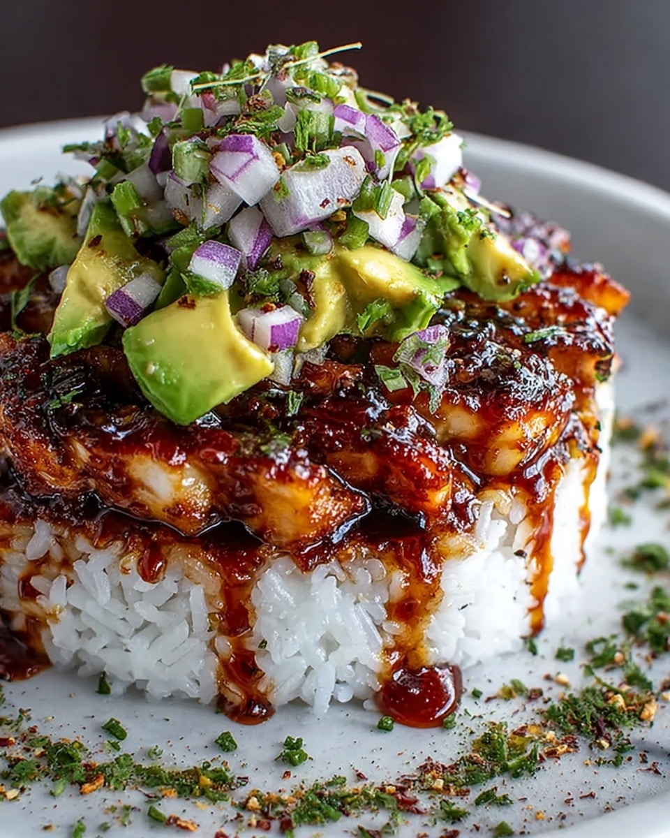 The dish has three layers on a white marbled surface. The bottom layer is sticky white rice with a slightly shiny texture. The middle layer is grilled fish slices with a dark reddish brown spicy sauce glazed heavily over it, some sauce dripping down. The top layer is a mix of chopped avocado, purple onion, and green herbs sprinkled all over. Small flecks of seasoning and herbs are scattered around the base of the dish. Photo taken with an iphone --ar 4:5 --v 7